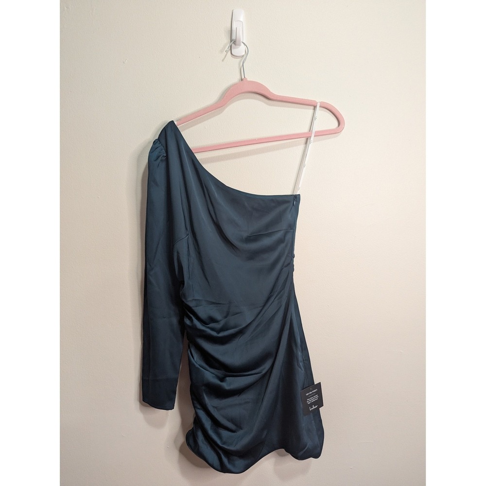Lulus One Shoulder Satin Ruched Mini Dress Teal Blue Long Sleeve NWT Small